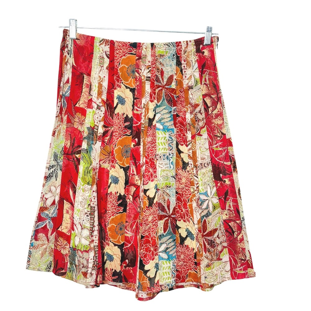 Red Floral Rayon Patchwork A-Line‎ Midi Skirt Size Small Boho Artsy Statement